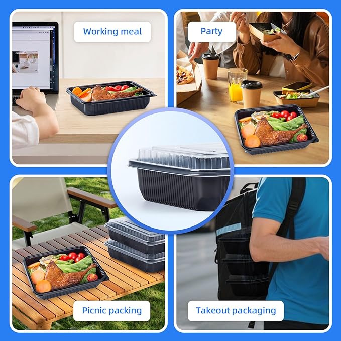 YANGRUI Plastic Containers with Lid 40 Pack 48 oz - Reusable Shrink Wrap Leak Proof Takeout | Flexible Pure PP BPA Free Food Container | Dishwasher & Microwave Safe Restaurant Meal Prep Food Container