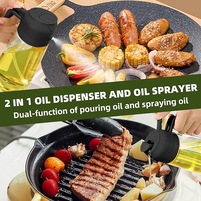2pcs Oil Sprayer for Cooking, 16oz/470ml Oil Dispenser for Kitchen, 2 in 1 Olive Oil Dispenser Bottle for Kitchen Gadgets, Air Fryer, Salad, BBQ (Black, Ivory)