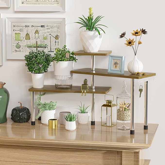 ZHWS Kitchen Corner Shelf Countertop Organizer - 3 Tier Bamboo & Metal Kitchen Organization Plant Stand Living Room Office, Spice Rack On Counter Shelves, Antique