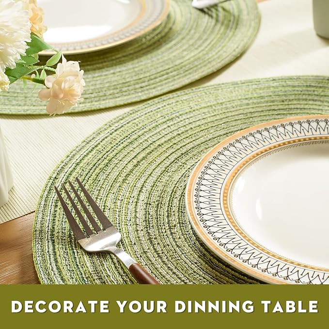 FunWheat Round Braided Placemats Set of 6 Place mats for Dining Tables Woven Heat Resistant Table Mats 15 inch (Light Green)