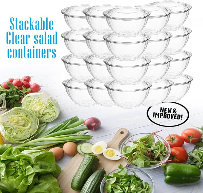 Mr Miracle Clear 18 Ounce Plastic Salad Bowls with Snap-On Lids. Pack 50. Airtight Disposable Salad Containers for Lunch, Meal Prep, Parties. Ideal as Disposable Salad Bowls with Lids