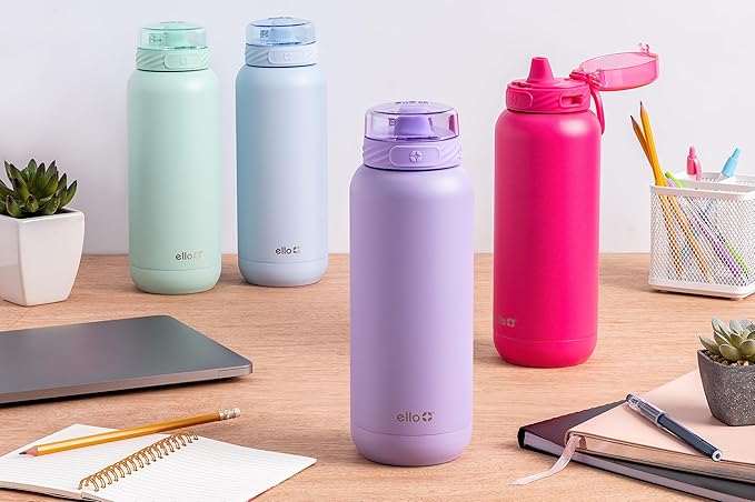 Ello Cooper 32oz Stainless Steel Water Bottle with Straw and Carry Handle, Double Walled and Vacuum Insulated Metal, Leak Proof Locking Lid with Soft Silicone Spout, Reusable, BPA Free, Lilac
