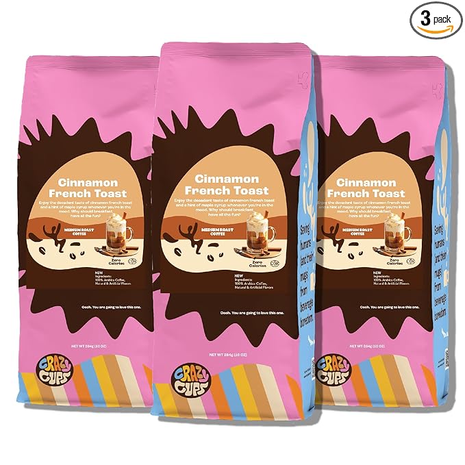 Crazy Cups Flavored Ground Coffee, Cinnamon French Toast, in 10 oz Bags, For Brewing Flavored Hot or Iced Coffee, 3 Pack