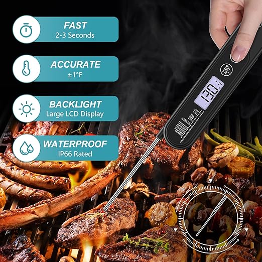 Ultrean Digital Meat Thermometer for Cooking,Ultra-Fast Instant Read Food Thermometer with Backlight,Foldable Probe,Waterproof Kitchen Thermometer for BBQ,Grill,Fry,Oven,Candy Making
