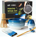 Matcha Whisk Set, Ceramic Matcha Set, Matcha Bowl, Matcha Whisk and Holder, Bamboo Scoop, Scoop Rest, Sifter and Tea Towel - 7 Pcs Matcha Kit for Lovers Family Birthday Gift (Blue)