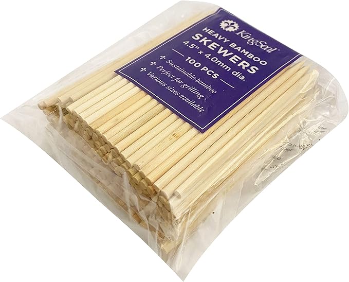 KingSeal Renewable Bamboo Heavy Duty Skewers, Sticks, 4.5 Inches x 3.8 mm Diameter, Retail Pack - 2 Bags of 100 Skewers (200 Count)