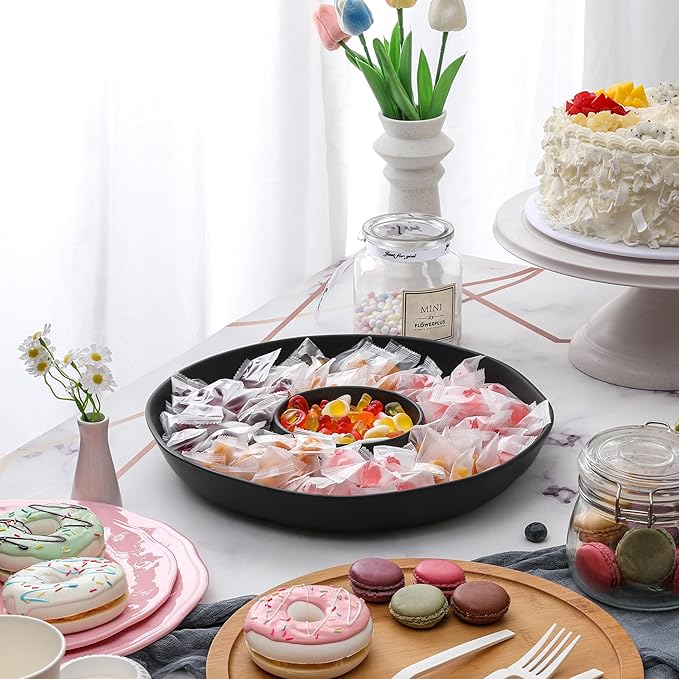 Chip & Dip Serving Set, 2 PCS Divided Cheeses Serving Platter, Relish Tray, Round Compartment Appetizer Set for Chips and Dip, Veggies, Candy and Snacks, Black, Set of 2