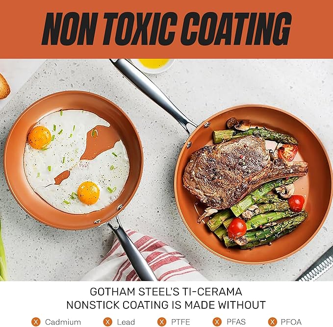Gotham Steel 9.5 Inch Copper Non Stick Frying Pans, Ceramic Non Toxic Frying Pans Nonstick Skillet Made Without PFOA PFOS, Lightweight, Stay Cool Handle, Oven and Dishwasher Safe