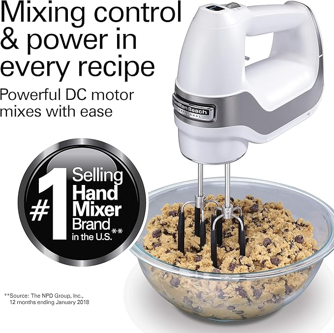 Hamilton Beach Professional 7-Speed Digital Electric Hand Mixer with High-Performance DC Motor, Slow Start, Snap-On Storage Case, SoftScrape Beaters, Whisk, Dough Hooks, White (62656)