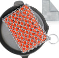 Cast Iron Scrubber with Bamboo Fiber Cloth and Pan Scraper, 316L Cast Iron Cleaner Set – Removes Stains, Protects Coatings, Safe for Dutch Oven, Skillets, Griddles(Orange)