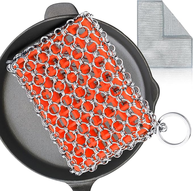 Cast Iron Scrubber with Bamboo Fiber Cloth and Pan Scraper, 316L Cast Iron Cleaner Set – Removes Stains, Protects Coatings, Safe for Dutch Oven, Skillets, Griddles(Orange)