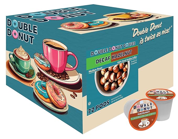 Double Donut Coffee Decaf Hazelnut Flavored Coffee, Medium Roast Coffee, Compatible with Keurig K Cups Brewers, 72 Count (Pack of 1)