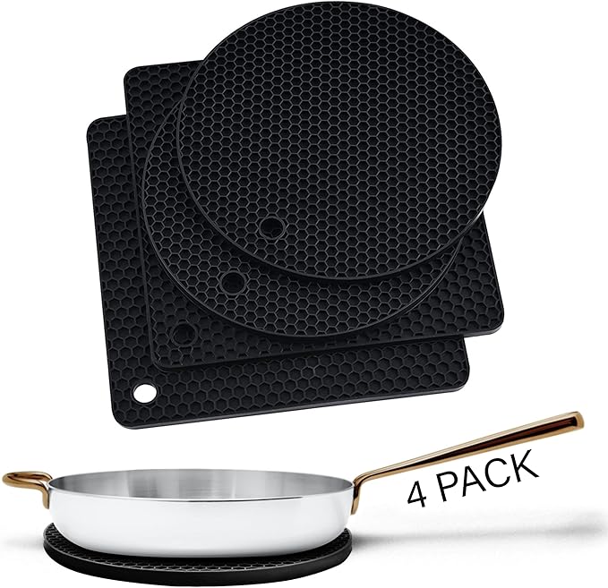 Silicone Trivets for Hot Dishes, Pots, Pans (4 Pack) - Heat-Resistant Pot Holders for Kitchen Countertop Mats - Silicone Trivet Mat - Multipurpose Counter Pads (Black)