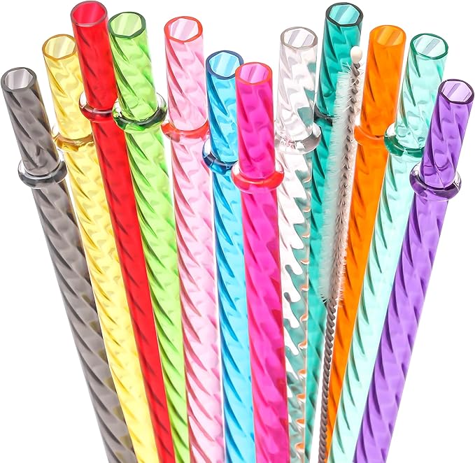 Dakoufish 12 Inch Reusable Clear Plastic Swirl Drinking Straws for Stanley 30 oz & 40 oz Jars/Tumblers,Set of 12 Pcs Replacement Straws with Cleaning Brush (12inch,12color)