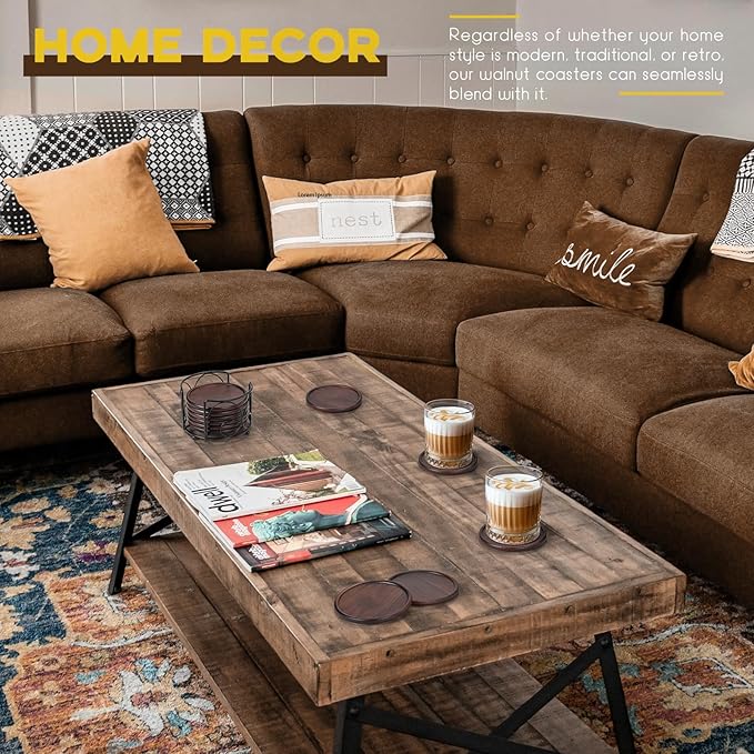 Wood Coasters with Metal Holder, GOH DODD Set of 6 Walnut Wooden Coaster Tabletop Protection for Drinks Coffee Table Home Kitchen Office Bar Living Room Decor Housewarming Gifts Wedding Party, 4 Inch