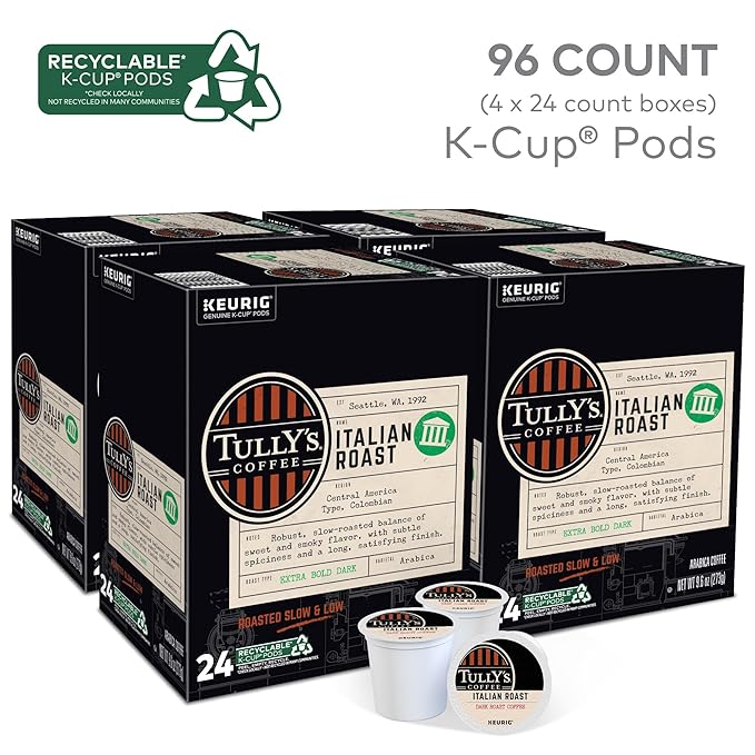 Tully's Coffee Italian Roast Keurig Single-Serve K-Cup Pods, Dark Roast Coffee, 96 Count
