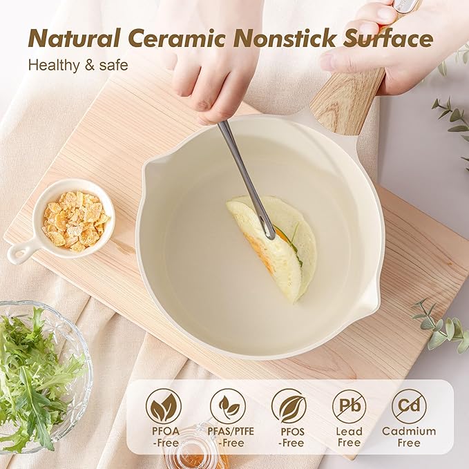 SENSARTE 1.5 & 2.5 Quart Ceramic Sauce Pan Sets with Lid, Cooking Pots Set, Nonstick Saucepan Set with Pour Spout, Small Kitchen Pot, Non toxic Saucepot, Induction Comptable, PFOA PTFE PFAS Free