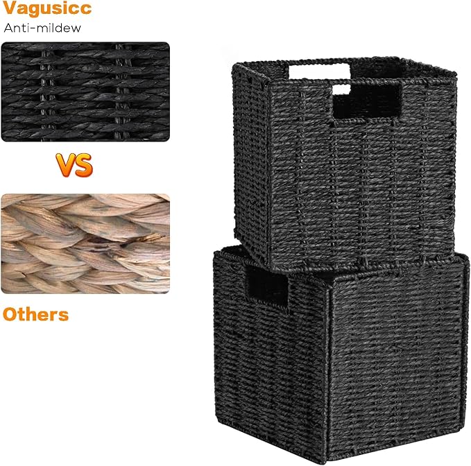 Vagusicc Wicker Basket, Set of 2 Woven Storage Baskets for Shelves, Foldable Cube Storage Basket Bins with Handles, 9 inch Small Storage Baskets for Organizing Pantry Bedroom, Black