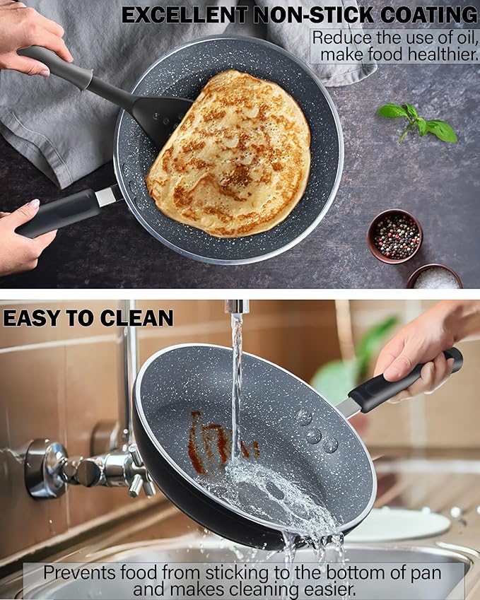 Cook N Home 8"/10"/12" 3 Pieces Frying Saute Pan Set with Non-stick Coating and Induction Compatible bottom, Black
