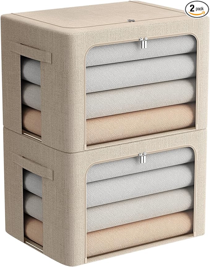 FHSQX 2 Pack Clear Window Storage Bins - Large Stackable Linen Fabric Storage for Clothes Foldable Container Organizer Set with Carrying Handles (Beige, 19.7x 15.7x 12.6 Inch)