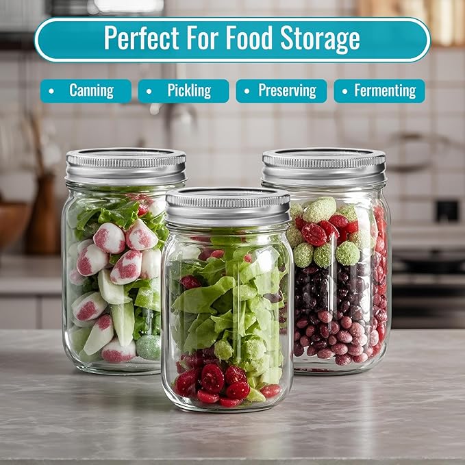 12 oz Mason Jars with Lids 20 Pack - Regular Mouth Canning Jars, Clear Glass Jar for Spices, Dry Goods, Meal Prep, Crafts & Pantry Storage- Includes 30 Stickers & 1 Chalk Pen