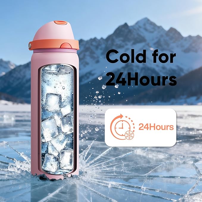 Insulated Water Bottle with Straw - Encool Stainless Steel Water Bottle with Push Button Lid, Leak-Proof & BPA-Free, Keeps Cold for 24 Hours for Sports, Travel, Gym (32 oz, Lily-Red)