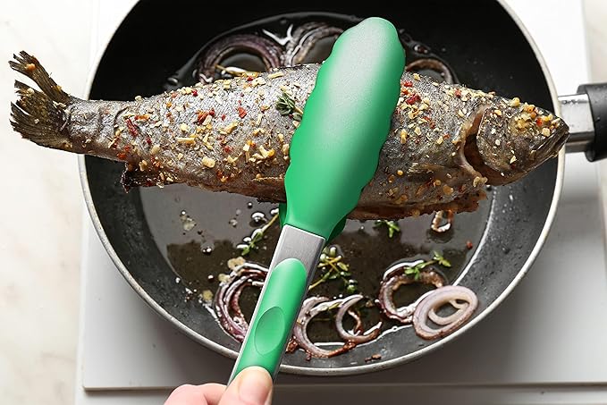 9-Inch & 12-Inch Premium Stainless Steel Food Tongs, Turquoise Silicone BPA Free Non-Stick BBQ Cooking Grilling Locking Kitchen Tong