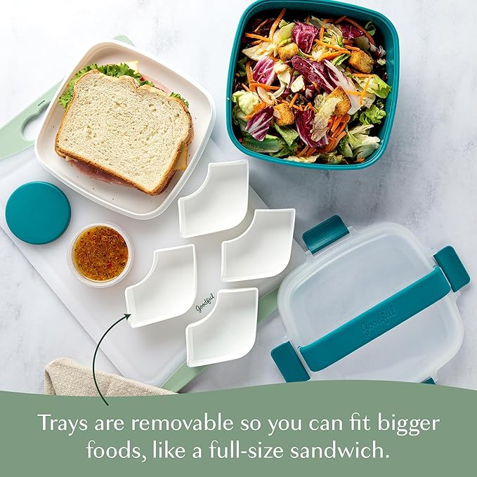 Goodful Stackable Lunch Box Container, Bento Style Food Storage with Removeable Compartments for Sandwich, Snacks, Toppings & Dressing, Leak-Proof and Made without BPA, 56-Ounce, Teal