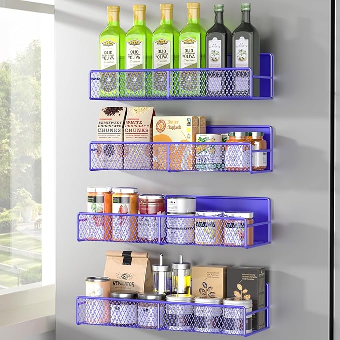 Magnetic Spice Rack for Refrigerator, 4 Pack 100% Metal Strong Magnet Fridge Shelves, Space Saving Spice Organizer, No Drilling Home Kitchen Laundry Room Storage Organization, Purple Blue