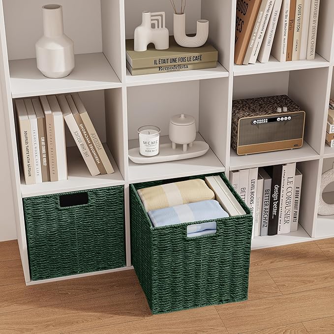 Vagusicc Wicker Storage Basket, Set of 2 Hand-Woven Paper Rope Wicker Baskets, Foldable Cube Storage Bins, Square Storage Baskets for Organizing Shelves & Decor, Green (11″×11″×11″)