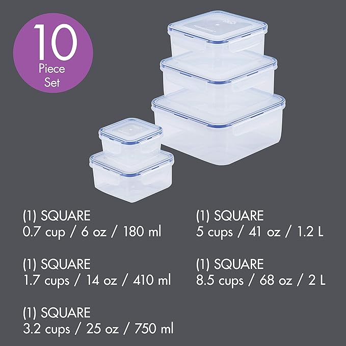 LOCK & LOCK Easy Essentials Food Storage lids/Airtight containers, BPA Free, 10 Piece - Square, Clear