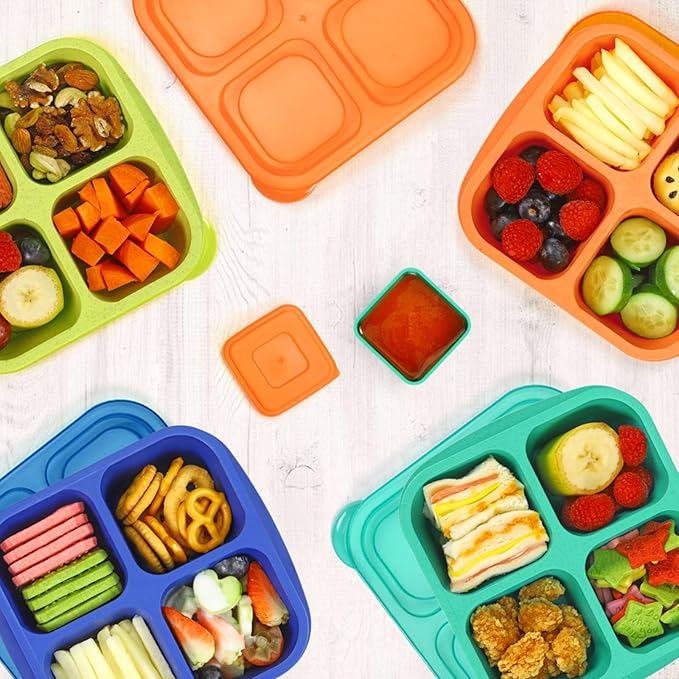 Caperci Lunchable Snack Containers - 4 Pack Bento Snack Boxes with 4-Compartment, 2 Leakproof Dip Cups, Reusable Divided Food Containers for School, Work, Travel (Jewel Brights)