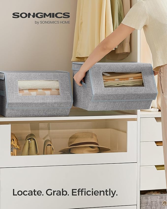 SONGMICS Stackable Storage Bins Set of 2, Storage Boxes with Lids and Front Windows, Non-Woven Fabric Closet Organizers with Magnetic Closures, Side Handles, Dove Gray URLB002W01