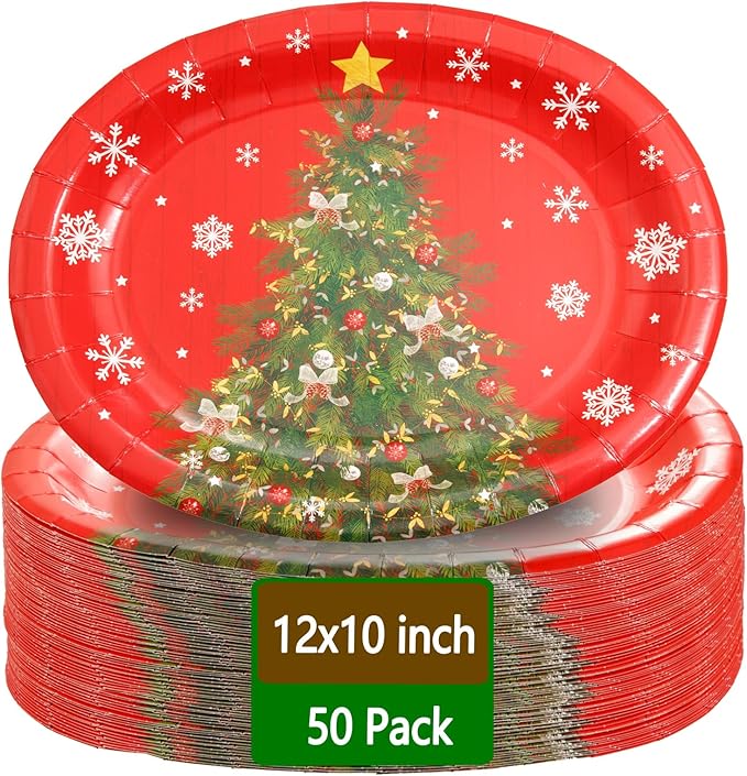 WDF 50Pack Christmas Paper Plates - Oval Paper Plates 10" x 12" for Party Supplies Christmas Trees Large Disposable Platter for Serving Tray Baby Shower Birthday