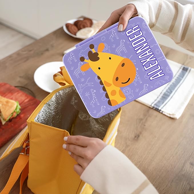 Personalized Bento Box for Kids with Safari Icon and Name - Lilac - 5 Compartments Drop-Proof Bento Box, Dishwasher Safe, Made with BPA-Free Materials, Bento Lunch Box for Kids and Toddlers