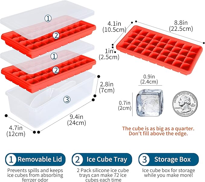 Food-grade Silicone Ice Cube Tray with Lid and Storage Bin for Freezer, Easy-Release 2 * 36 Small Nugget Ice Trays 1 ice Bucket & Scoop, Flexible Ice Cube Molds with Ice Container