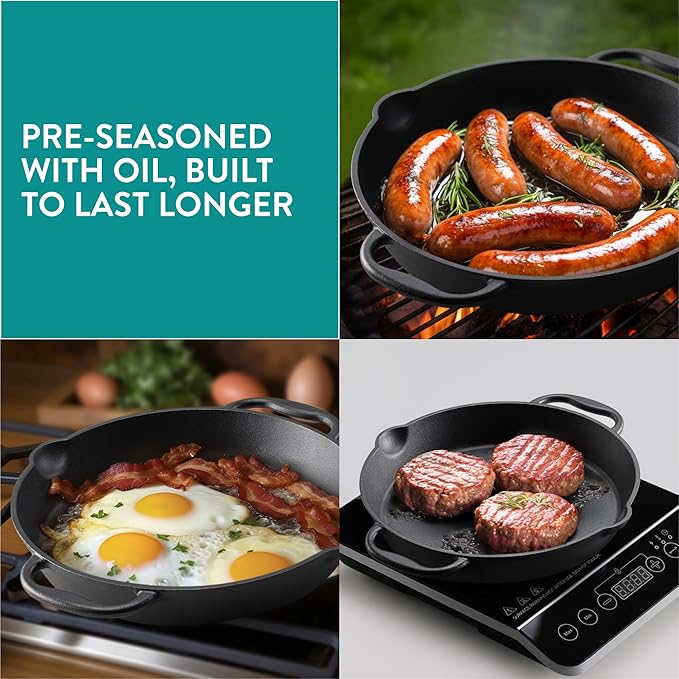 Navaris Cast Iron Skillet Pan - Oven Safe 2 Handle Frying Skillets - Pre Seasoned Pans for Stove or BBQ Cooking - 12 Inch / 30cm