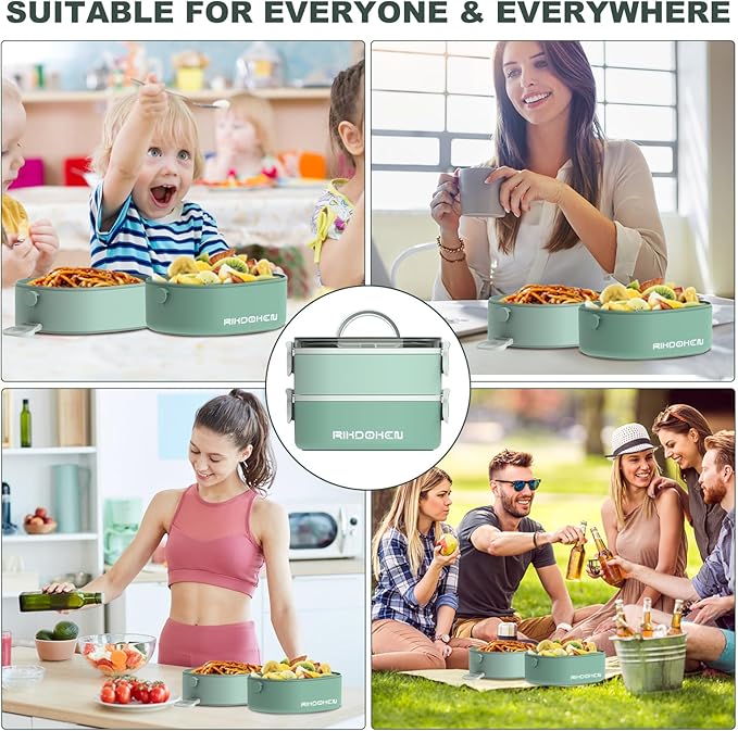 Lunch Box, Stackable 2 Layers Containers, Portable 64OZ Large Capacity Leakproof Bento Box with Spoon & Fork & Sauce Boxes, Microwave Safe Lunch Box for Kids and Adults