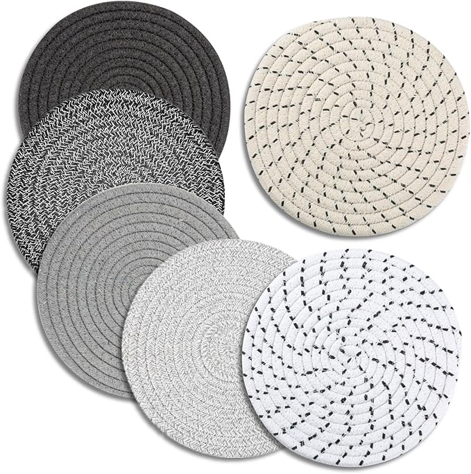 Trivets for Hot Dishes, Pots and Pans, 8 Inches Hot Pads 6 Pcs, Pot Holders for Kitchen, Heat Resistant Mat Protect Counter, Coasters Set Home Essentials Farmhouse Decor (Mix Gray)