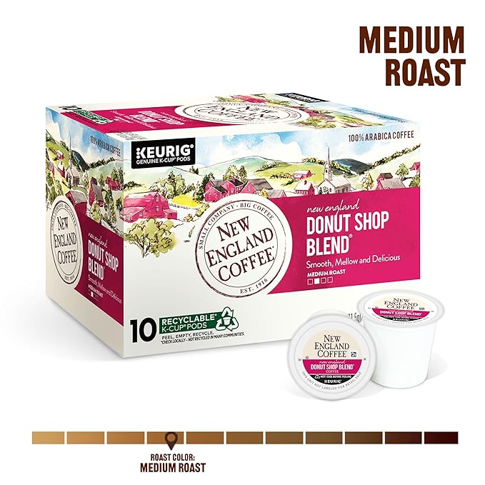 New England Coffee Donut Shop Blend Light Roast Single Serve Pods, 10ct Box (Pack of 1)