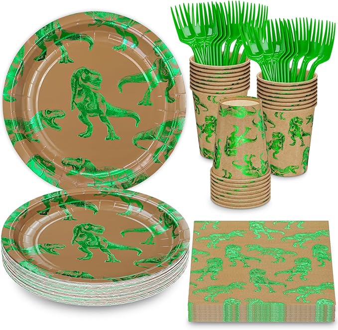 DYLIVeS Green Foil Dinosaur Birthday Party Decorations, Rawr Dinosaur Disposable Tableware Set with 9'' Dinner Plates, Napkins, Cups, Forks - Serves 24