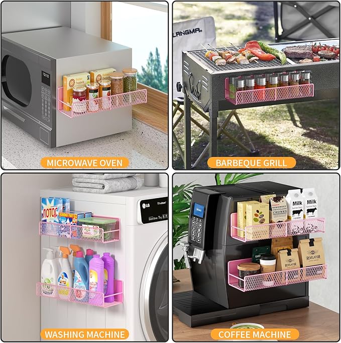 Magnetic Spice Rack for Refrigerator, 4 Pack 100% Metal Strong Magnet Fridge Shelves, Space Saving Spice Organizer, No Drilling Moveable Home Kitchen Laundry Room Storage Organization, Pink