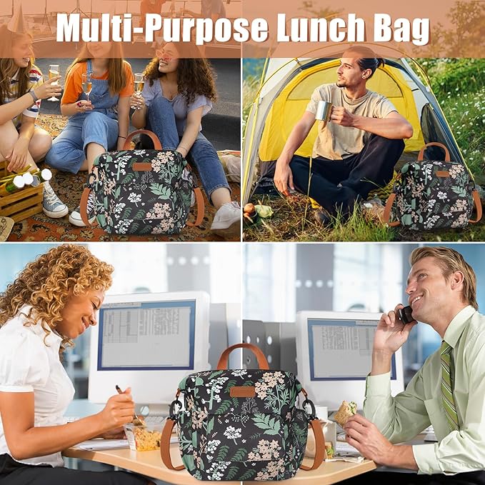 Joymee Lunch Bag Women Insulated Lunch Box Reusable Leakproof Large Spacious Cooler Tote for Women Men Adult with Bottle Holder and Side Pockets for Work Office Travel Picnic -08 Green Leaf