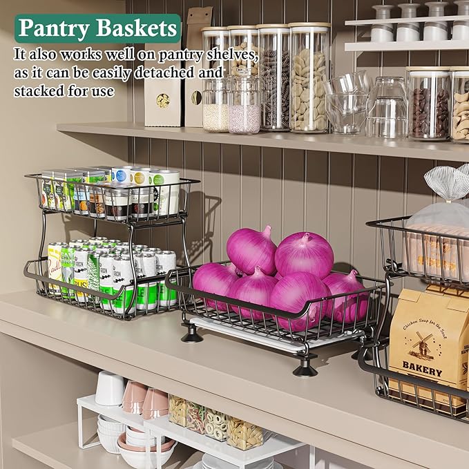 3-Tier Rolling Pantry Floor Organizer and Storage Cart with Wheels, Stackable Wire Pantry Baskets for Pantry Shelves, Kitchen Fruit Basket Stand and Storage Rack for Fruit Snack Onion Potato