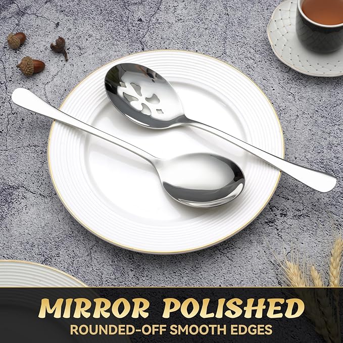 8 Piece Stainless Steel Serving Spoon Set - 4 Large, 4 Slotted,Dishwasher Safe,10-Inch, for Parties/Kitchen/Buffet/Catering
