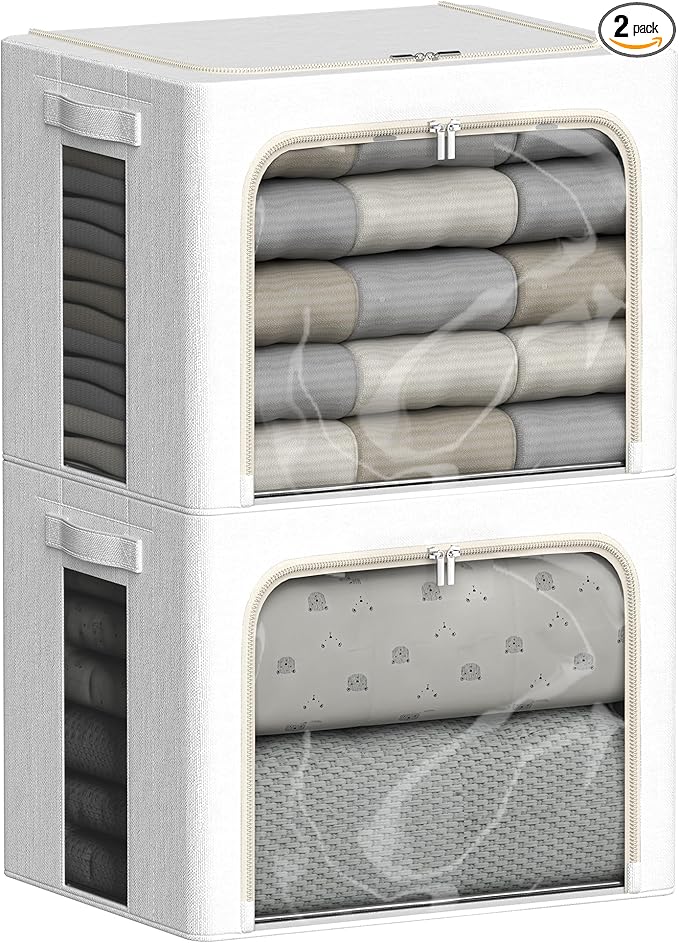 FHSQX 2 Pack Clear Window Storage Bins Large Stackable Linen Fabric Storage for Clothes Foldable Container Organizer Set with Carrying Handles (Lvory White, 19.7x 15.7x 12.6 Inch)