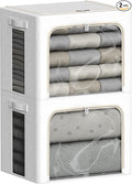 FHSQX 2 Pack Clear Window Storage Bins Large Stackable Linen Fabric Storage for Clothes Foldable Container Organizer Set with Carrying Handles (Lvory White, 19.7x 15.7x 12.6 Inch)