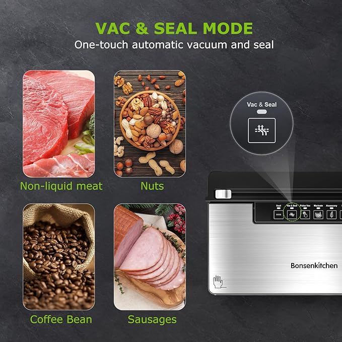 Bonsenkitchen Vacuum Sealer Machine, Powerful Stainless Steel Food Sealer with 5 Modes, Built-in Cutter & Bag Storage,Globefish Technology for High-Speed Continuous Working, Include 1 Bag Roll
