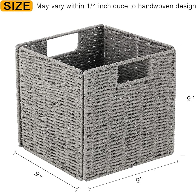 Vagusicc Storage Basket, Set of 2 Hand-Woven Paper Rope Wicker Baskets for Storage, Foldable Cube Storage Bins Organizer, 9 inch Medium Wicker Storage Baskets for Shelves Pantry Organizing Decor, Grey