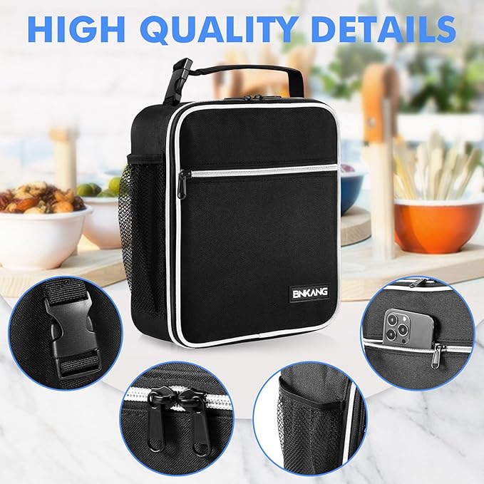 Lunch Box Insulated Lunch Bag - Durable Small Lunch Bag Reusable Adults Tote Bag Lunch Box for Adult Men Women (Black with White)